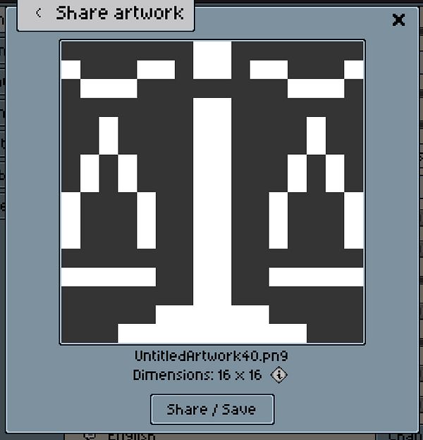 A pixel art sharing interface displaying a 16x16 artwork.