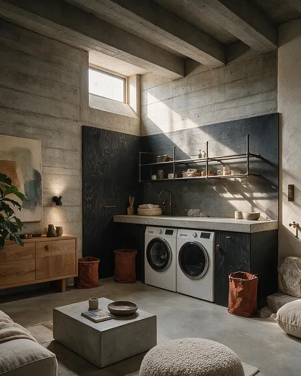 A Brutalist-style laundry room with exposed concrete walls and ceiling beams, a small high window, and a dark built-in wash area. White washer and dryer sit under a concrete counter, with open metal shelving above and warm wood cabinetry to the left.