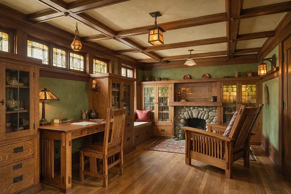 A Craftsman-style backyard room with oak wood trim, built-in cabinetry, and a stone fireplace centered on the back wall. The space includes a wooden desk, mission-style chairs, leaded glass windows, green walls, and amber lantern-style lighting under a coffered ceiling.