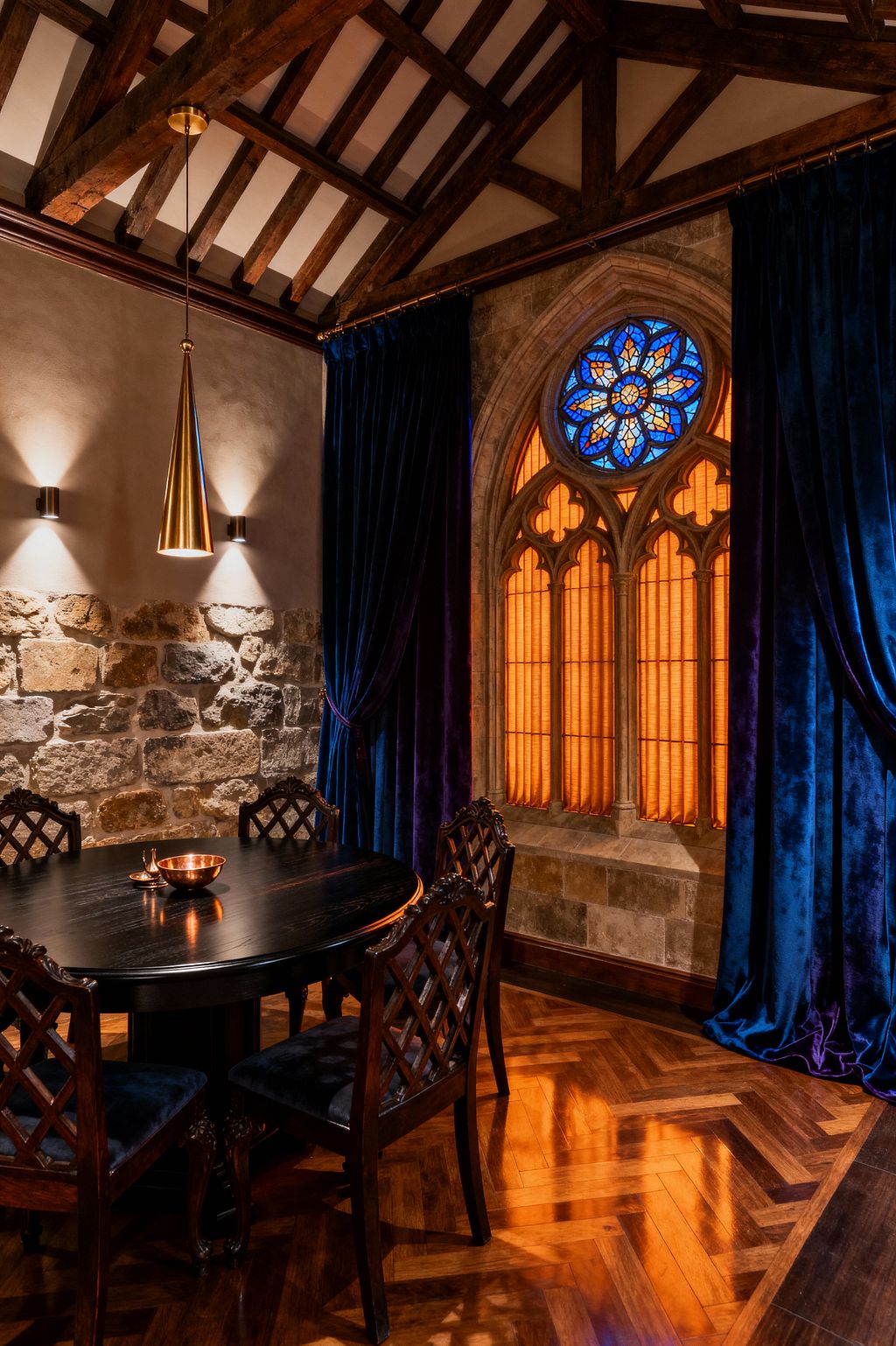 An intimate Gothic dining room features a round dark-wood table with carved lattice-back chairs on a herringbone floor, set against rough stone and plaster walls beneath exposed timber rafters. A pointed-arch window with a circular rose design glows amber and cobalt behind heavy midnight-blue velvet curtains, while a conical brass pendant and wall sconces cast warm light across the space, highlighting the stone texture and polished wood surfaces.