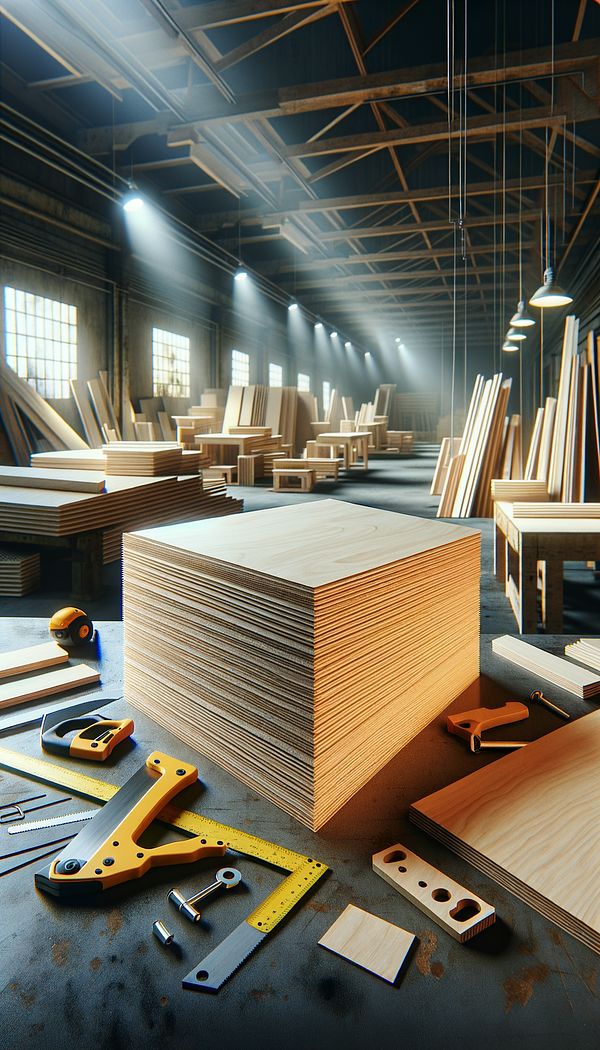 a stack of plywood sheets in a workshop with various tools and construction projects in the background, illustrating its versatility and application in interior design