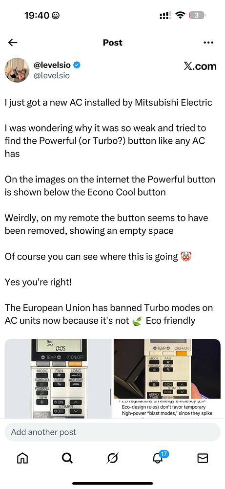 A social media post discussing the absence of a Powerful mode button on a Mitsubishi AC remote due to EU regulations.