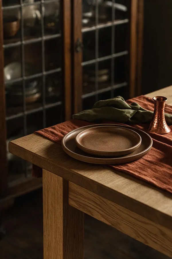 A Craftsman-style dining vignette features a thick oak table with visible wood grain, layered stoneware plates, a rust-colored textile runner, and a folded olive green napkin. A small hammered copper vase sits beside the setting, with a glass-front cabinet of dishes softly blurred in the background.