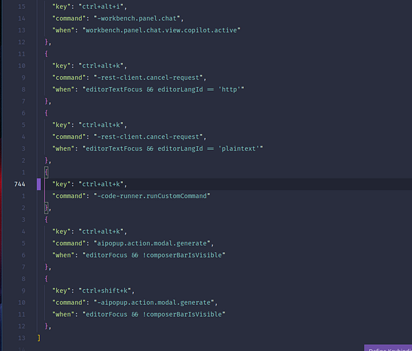 A code snippet displaying keyboard shortcuts and their associated commands in a programming environment.
