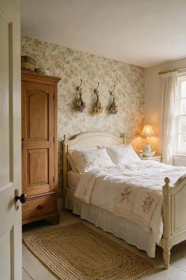 A cozy cottagecore bedroom with floral wallpaper, an ivory-painted bed dressed in white embroidered bedding, and a tall wooden armoire on the left. Dried flower bundles hang above the headboard, while a warm table lamp glows beside a window with sheer curtains and a woven rug anchors the floor.