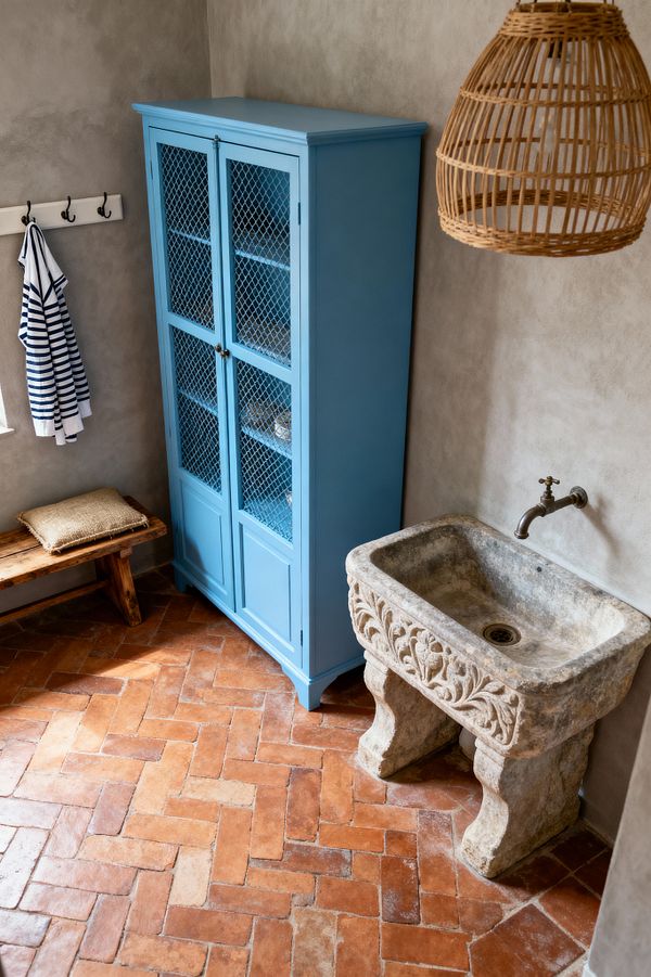 A French Country mudroom with warm beige plaster walls and a terracotta herringbone floor. A tall French blue cabinet with wire-mesh doors stands beside a rustic wood bench and a white peg rail holding a striped towel. Opposite is a carved stone utility sink with an aged wall-mounted metal faucet, and a woven rattan pendant hangs overhead. Daylight from a small window highlights the earthy textures of stone, wood, and wicker, creating a tidy and welcoming space.