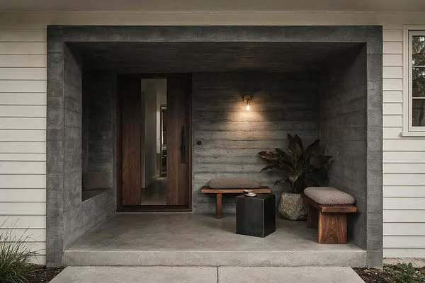 A recessed front porch framed by raw concrete with a deep, box-like opening and a dark wood front door. Inside are two simple wood benches with textured cushions, a black cube side table, a stone planter with a leafy plant, and a single warm wall sconce.