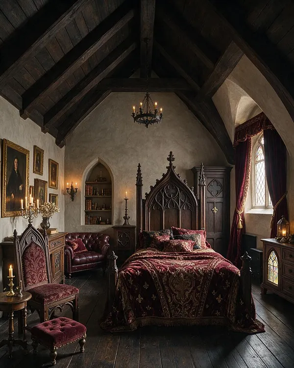 A dramatic Gothic master bedroom with a tall cathedral-style wood ceiling, dark timber beams, and a carved four-poster bed centered on the back wall. Burgundy velvet and brocade textiles, pointed-arch details, framed portrait art, candle-style lighting, and a small stained-glass window create a moody, historic atmosphere.