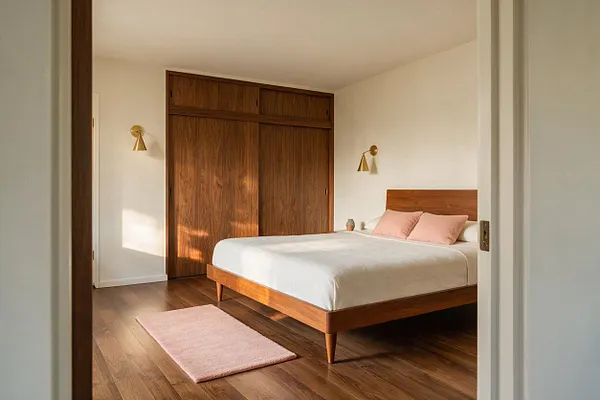 A serene guest bedroom with a low mid-century modern walnut bed centered against a white wall, paired with blush pink pillows and a small matching rug. Built-in wood closet doors, brass wall sconces, and warm wood flooring create a clean, airy, and inviting space.
