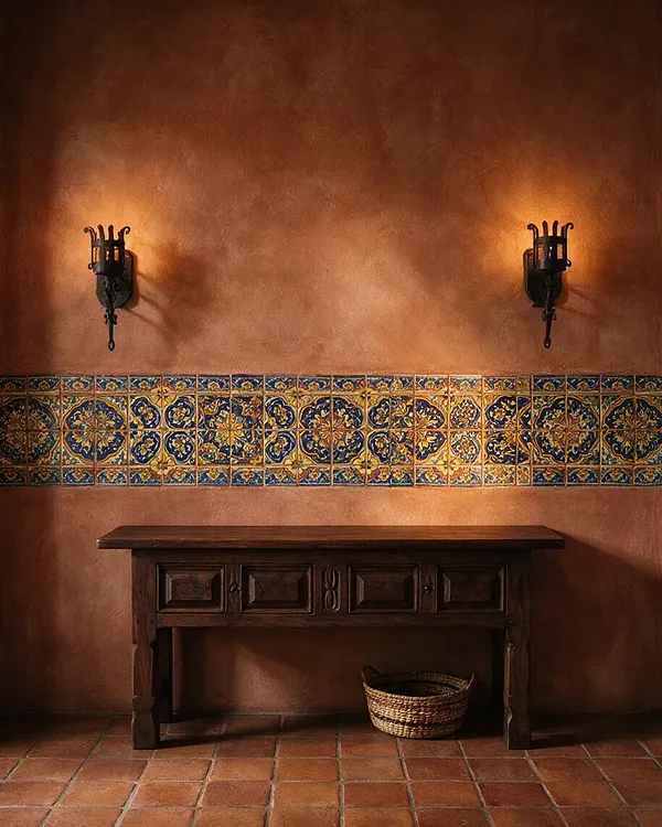 A Mediterranean-style interior vignette with warm terracotta plaster walls, a horizontal band of colorful decorative ceramic tiles, and two wrought-iron wall sconces. Below sits a dark carved wood console table with a woven basket underneath, set on a terracotta tile floor.
