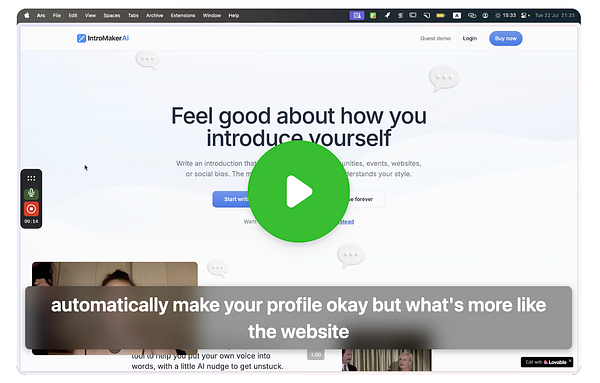 The image displays a screenshot of the IntroMakerAI website with a video recording interface.