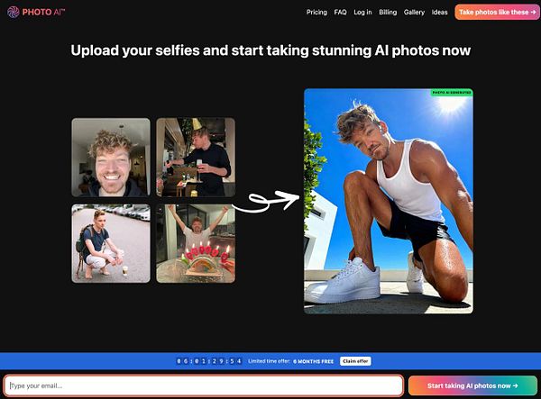 The image showcases a landing page for a photo AI service featuring a collage of selfies and a hyper-realistic AI-generated photo.