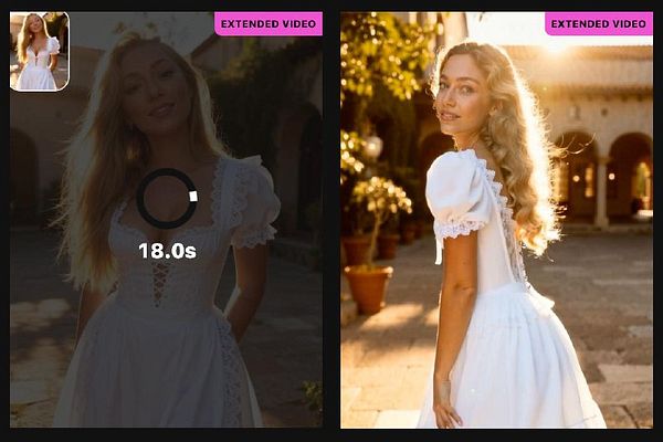 The image features a video interface displaying a young woman in a white dress, with a loading indicator and a timer.