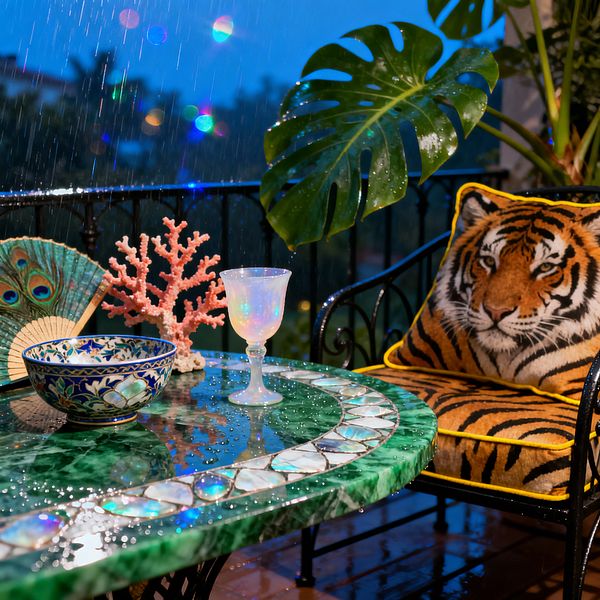 A small balcony patio at dusk, wet from rain, features a round emerald-green marble table with iridescent shell inlay. On the table sit a patterned ceramic bowl, an opaline goblet, a coral ornament, and a peacock-themed fan. Beside it, a black wrought-iron chair holds a bold tiger-print cushion with yellow piping, while large monstera leaves and twinkling lights glow against a deep blue sky.