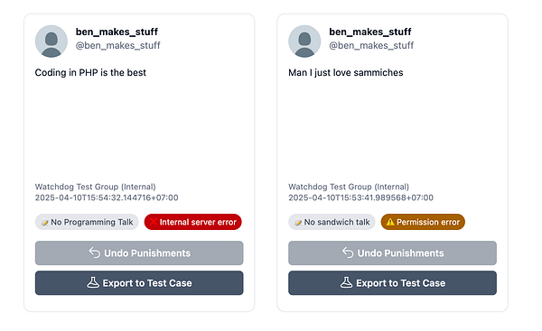The image displays two posts from a user in a task management interface, highlighting different error types related to user interactions.